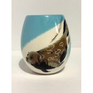 Vintage Ceramic Seal Egg Vase Blue White Gold Accents Hand Painted Signed